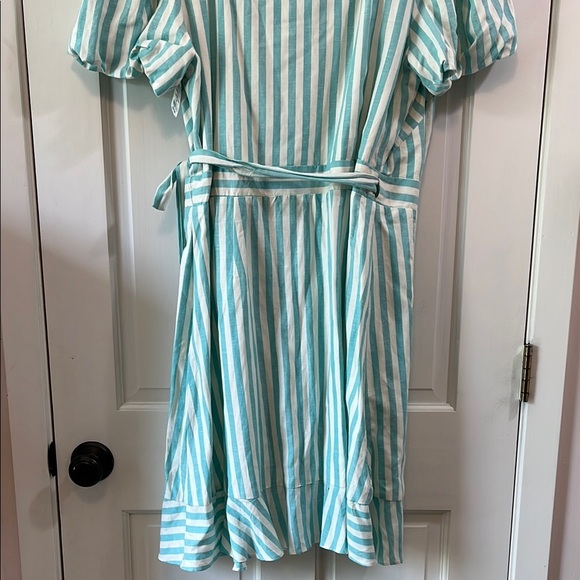 NWT Draper James Teal and White Puff Sleeve True Wrap Linen Mini Dress - Size XL - Picture 13 of 16